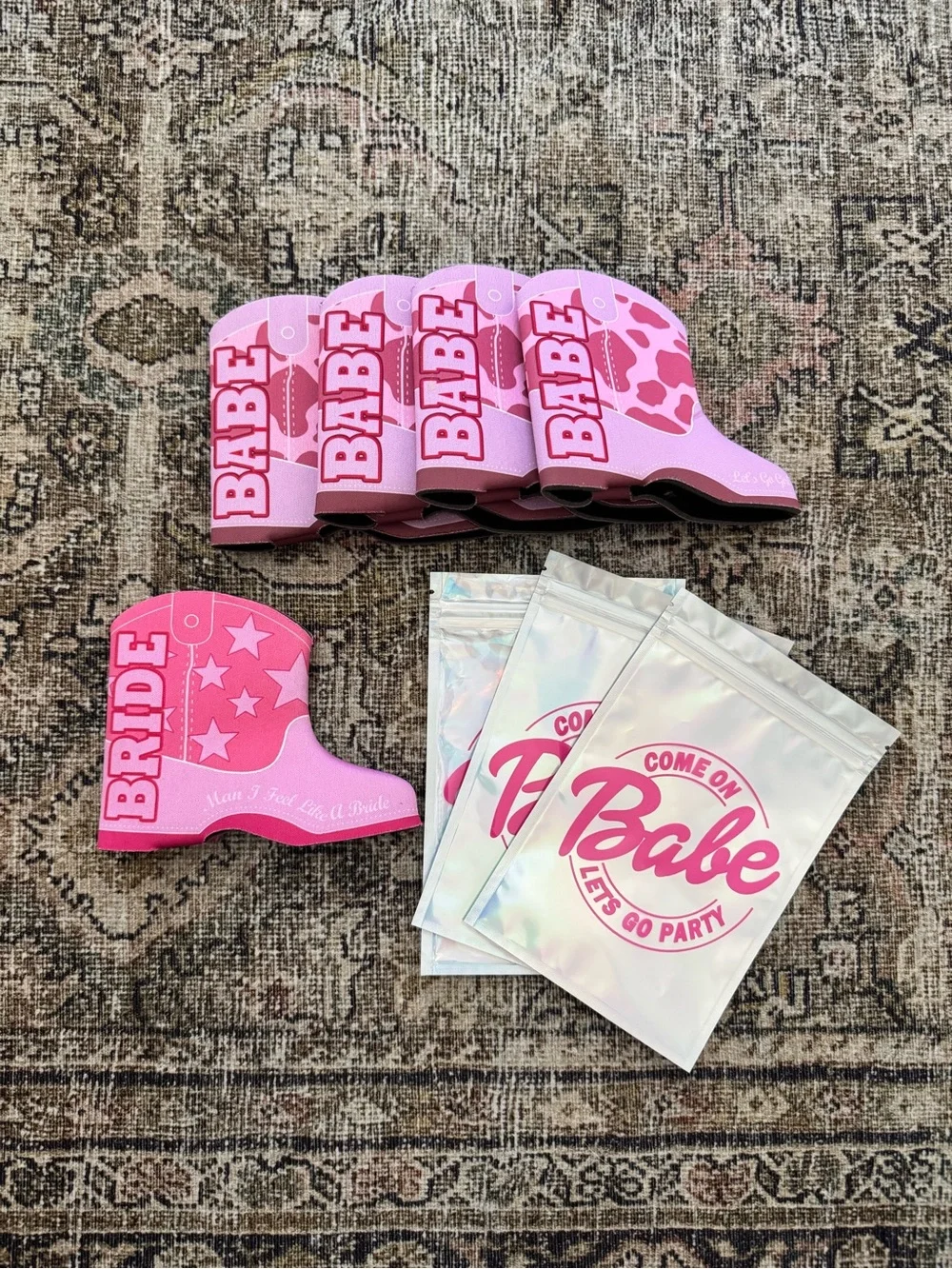Pink 'BABE' & 'BRIDE' Boot Can Coolers with Holographic 'Babe' Bags